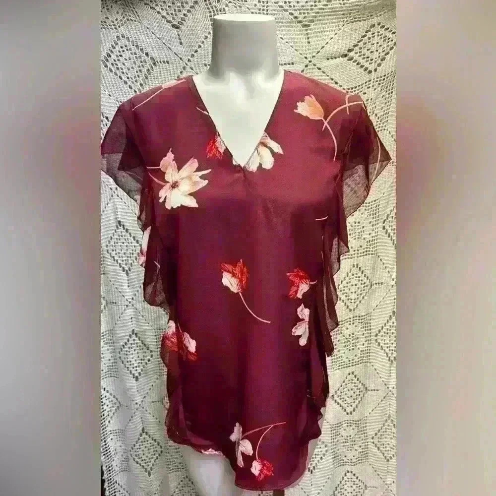 Lauren Ralph Lauren Floral-Print
Ruffled Crepe Top Blouse Dark Red, Size Small